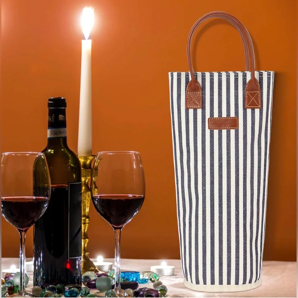 Navy Striped Wine Tote with Leather Handles